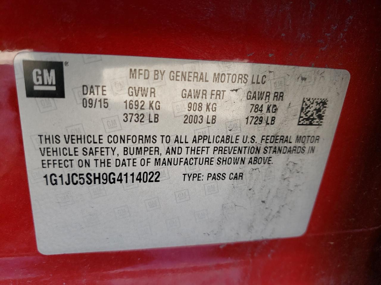 Photo 10 from auction – 2016 CHEVROLET SONIC LT with VIN 1G1JC5SH9G4114022