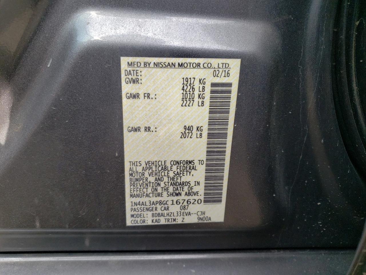 Photo 10 from auction – 2016 NISSAN ALTIMA 2.5 with VIN 1N4AL3AP8GC167620