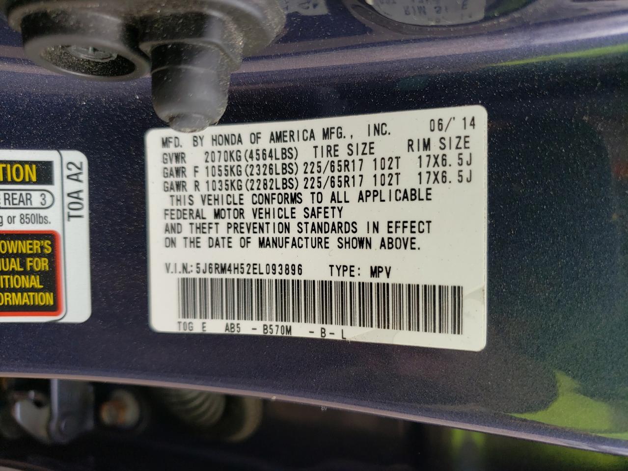 Photo 10 from auction – 2014 HONDA CR-V EX with VIN 5J6RM4H52EL093896