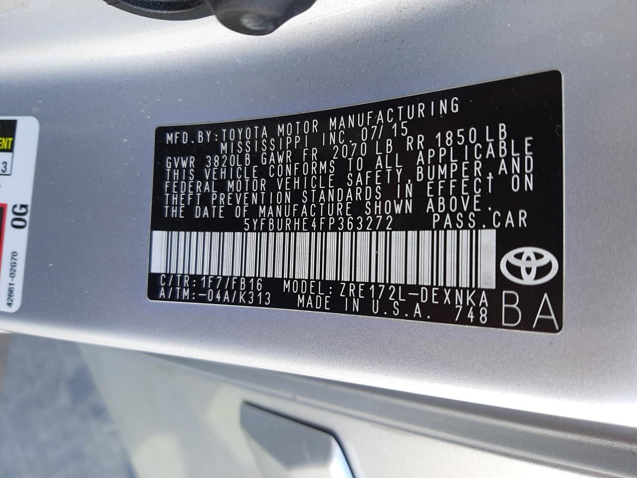 Photo 10 from auction – 2015 TOYOTA COROLLA L with VIN 5YFBURHE4FP363272