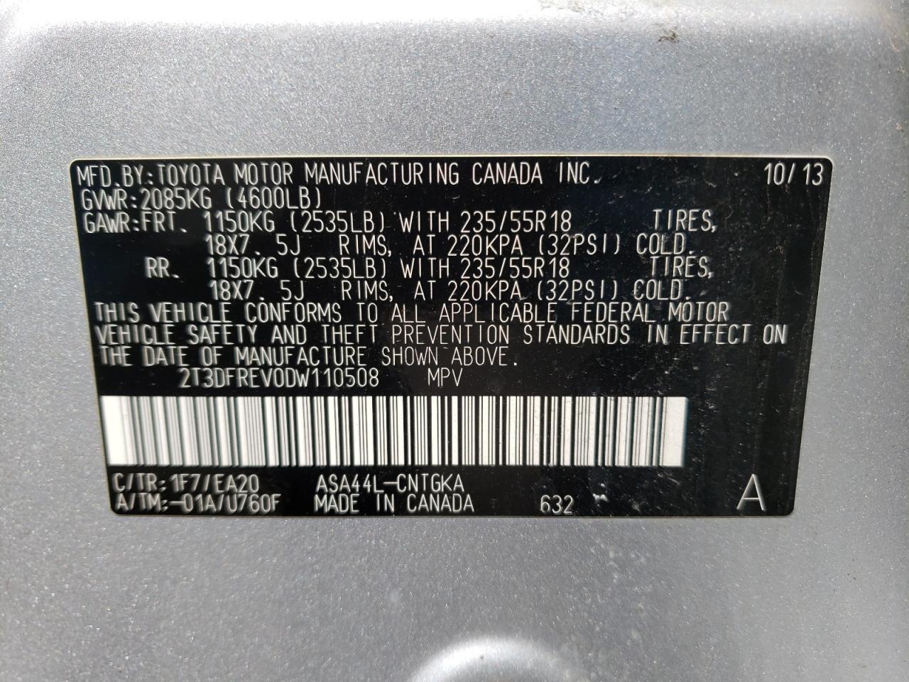 Photo 10 from auction – 2013 TOYOTA RAV4 LIMIT with VIN 2T3DFREV0DW110508