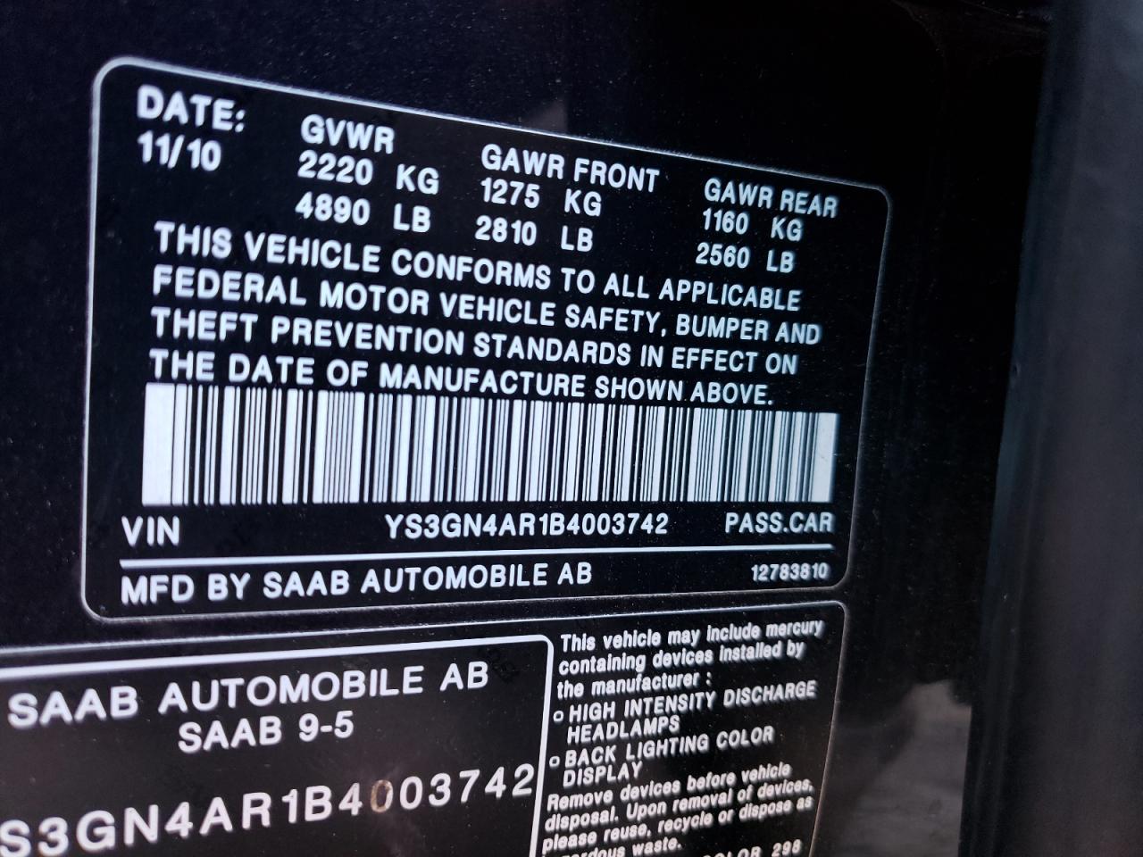 Photo 10 from auction – 2011 SAAB 9-5 TURBO with VIN YS3GN4AR1B4003742