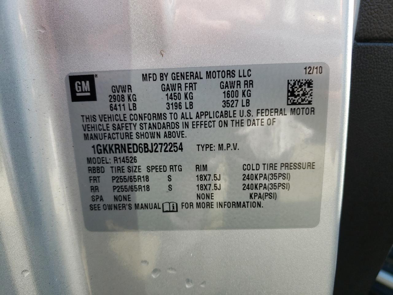 Photo 10 from auction – 2011 GMC ACADIA SLE with VIN 1GKKRNED6BJ272254