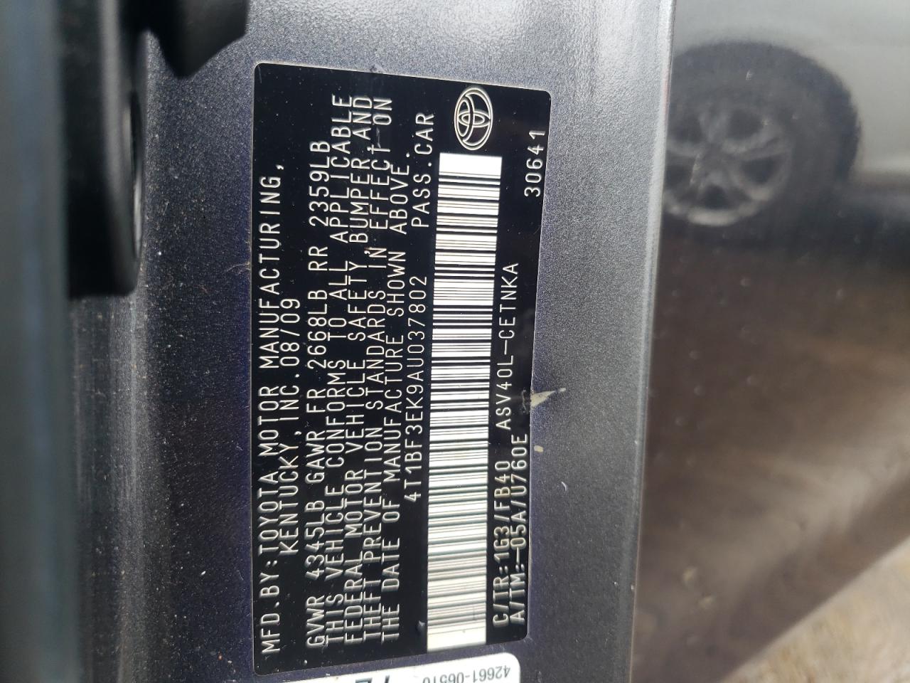 Photo 10 from auction – 2010 TOYOTA CAMRY BASE with VIN 4T1BF3EK9AU037802