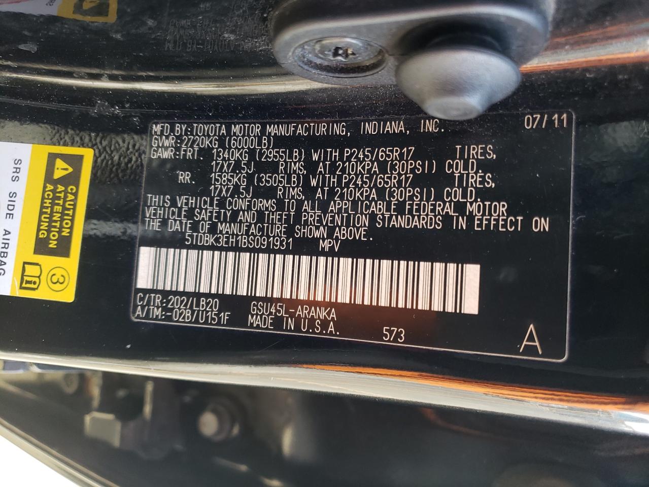 Photo 10 from auction – 2011 TOYOTA HIGHLANDER with VIN 5TDBK3EH1BS091931