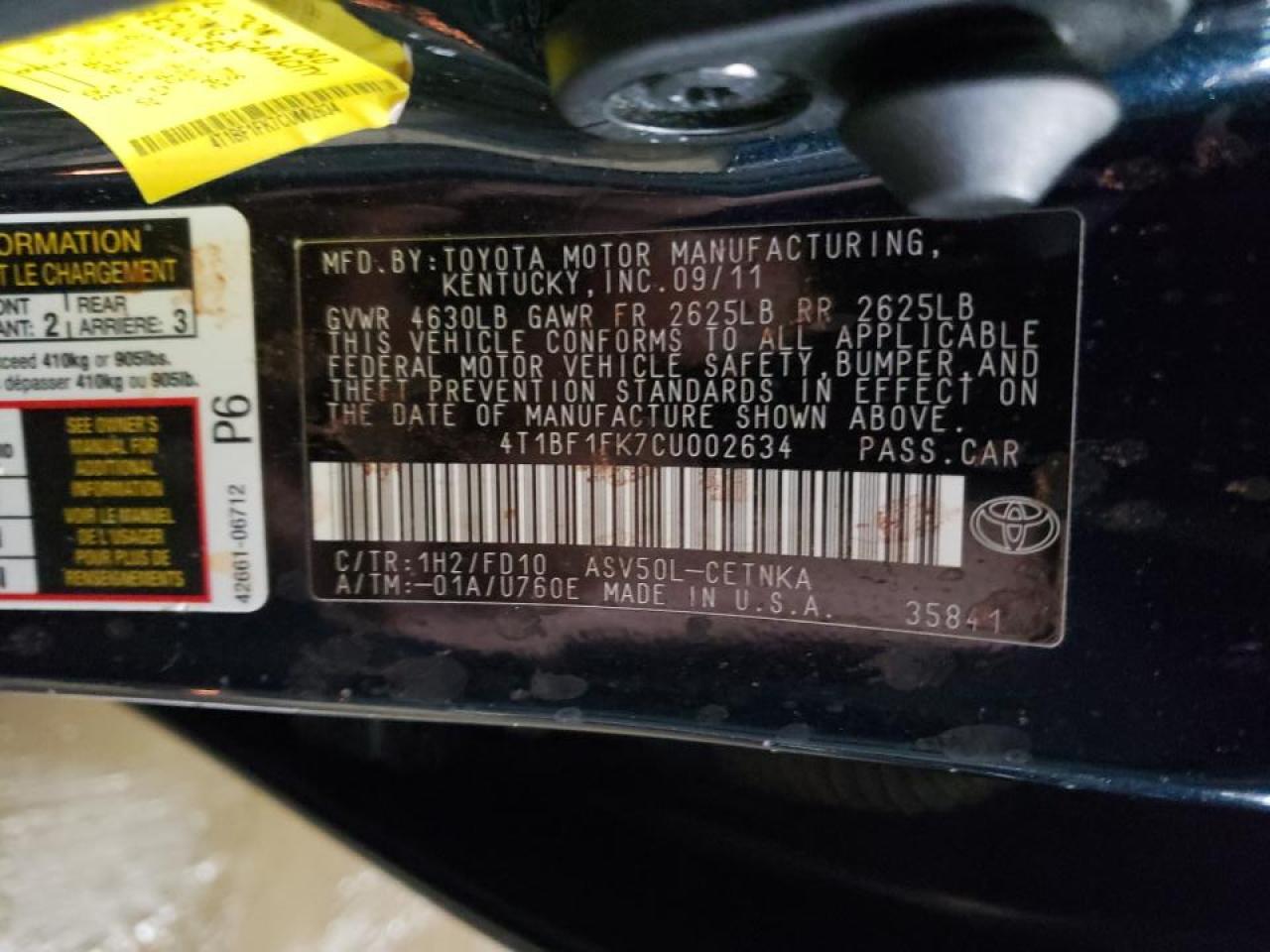 Photo 10 from auction – 2012 TOYOTA CAMRY BASE with VIN 4T1BF1FK7CU002634