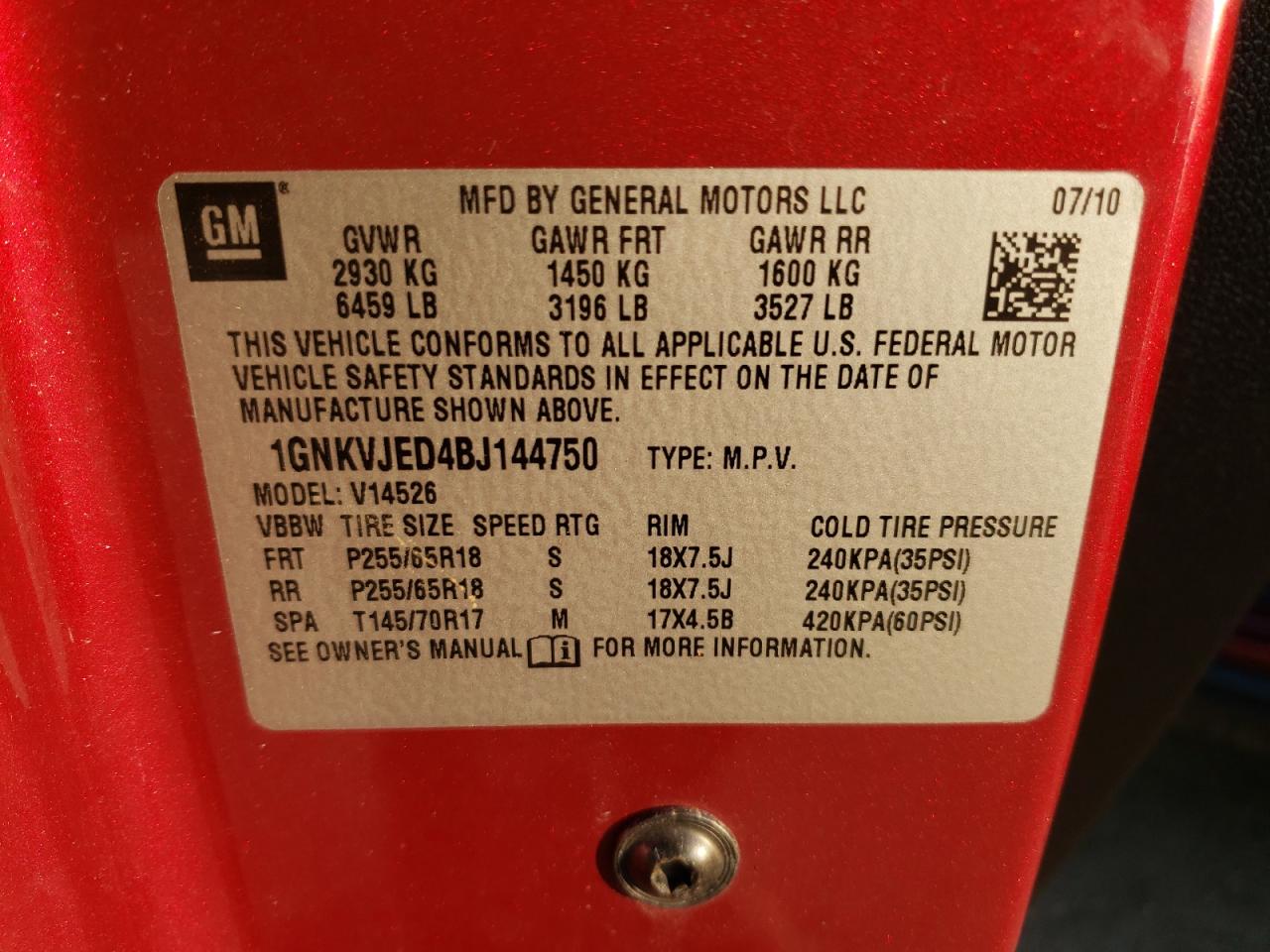 Photo 10 from auction – 2011 CHEVROLET TRAVERSE L with VIN 1GNKVJED4BJ144750