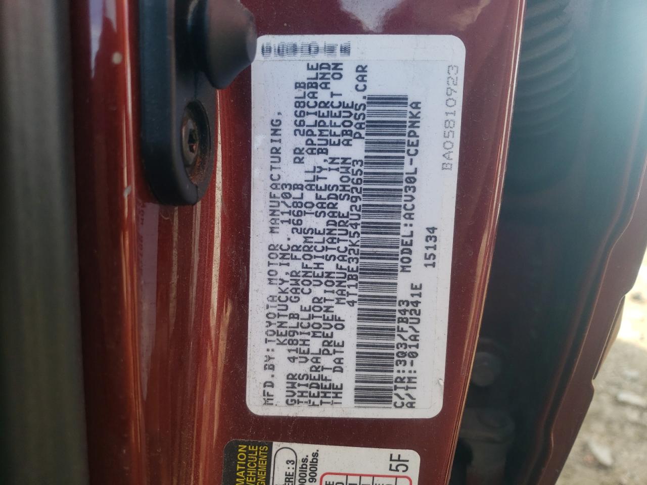 Photo 10 from auction – 2004 TOYOTA CAMRY LE with VIN 4T1BE32K54U292653