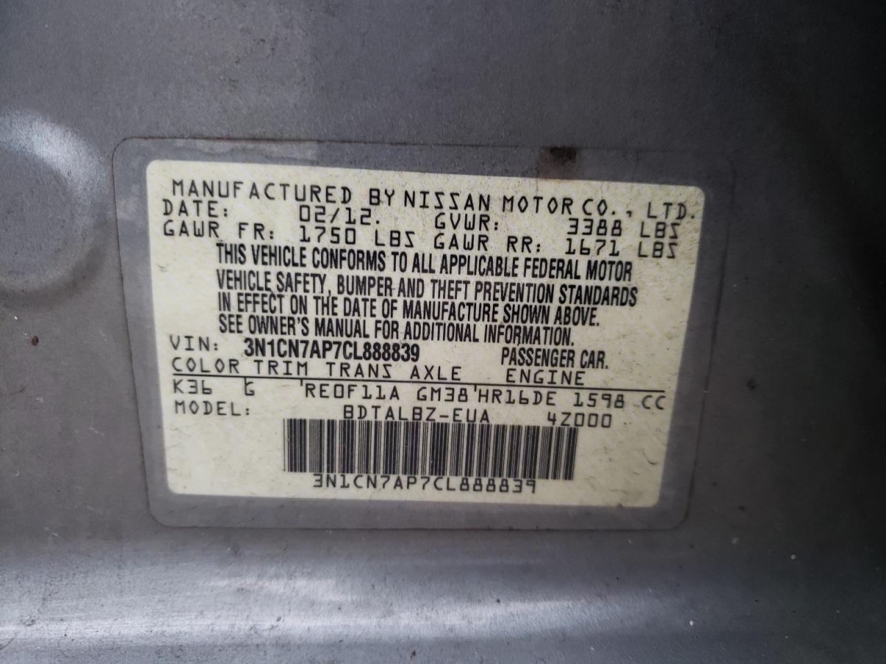 Photo 10 from auction – 2012 NISSAN VERSA S with VIN 3N1CN7AP7CL888839