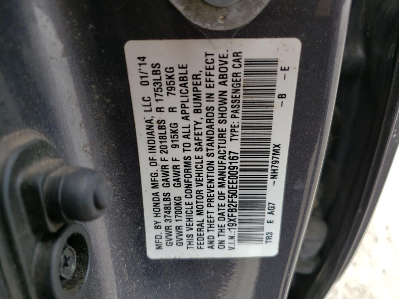 Photo 10 from auction – 2014 HONDA CIVIC LX with VIN 19XFB2F50EE009167