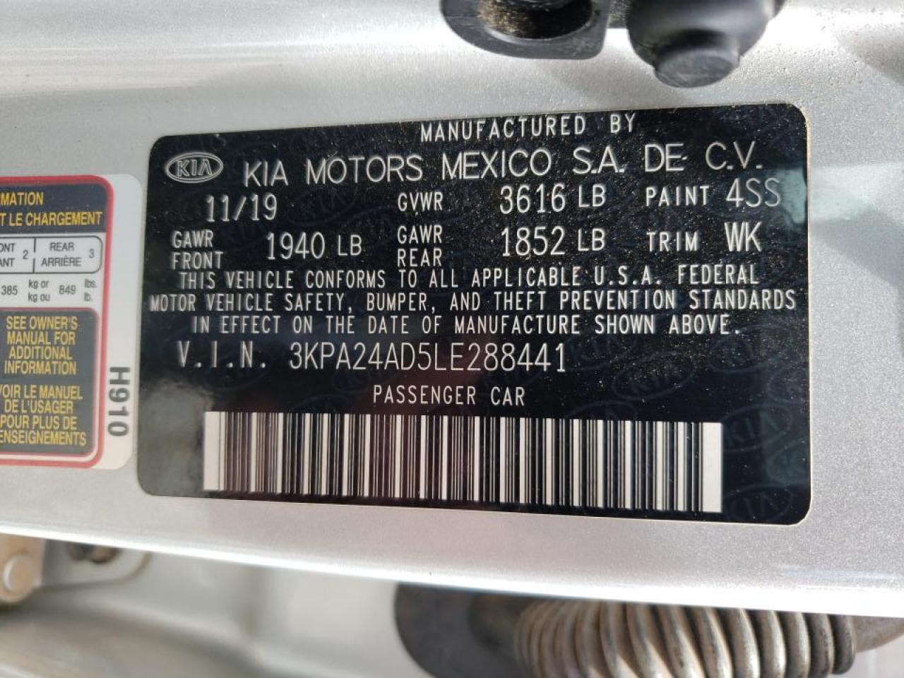 Photo 10 from auction – 2020 KIA RIO LX with VIN 3KPA24AD5LE288441
