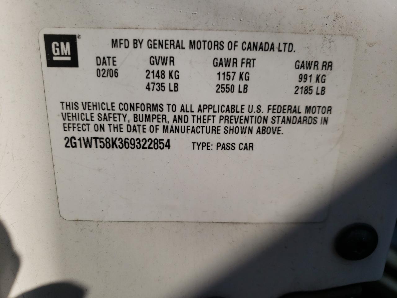 Photo 10 from auction – 2006 CHEVROLET IMPALA LT with VIN 2G1WT58K369322854