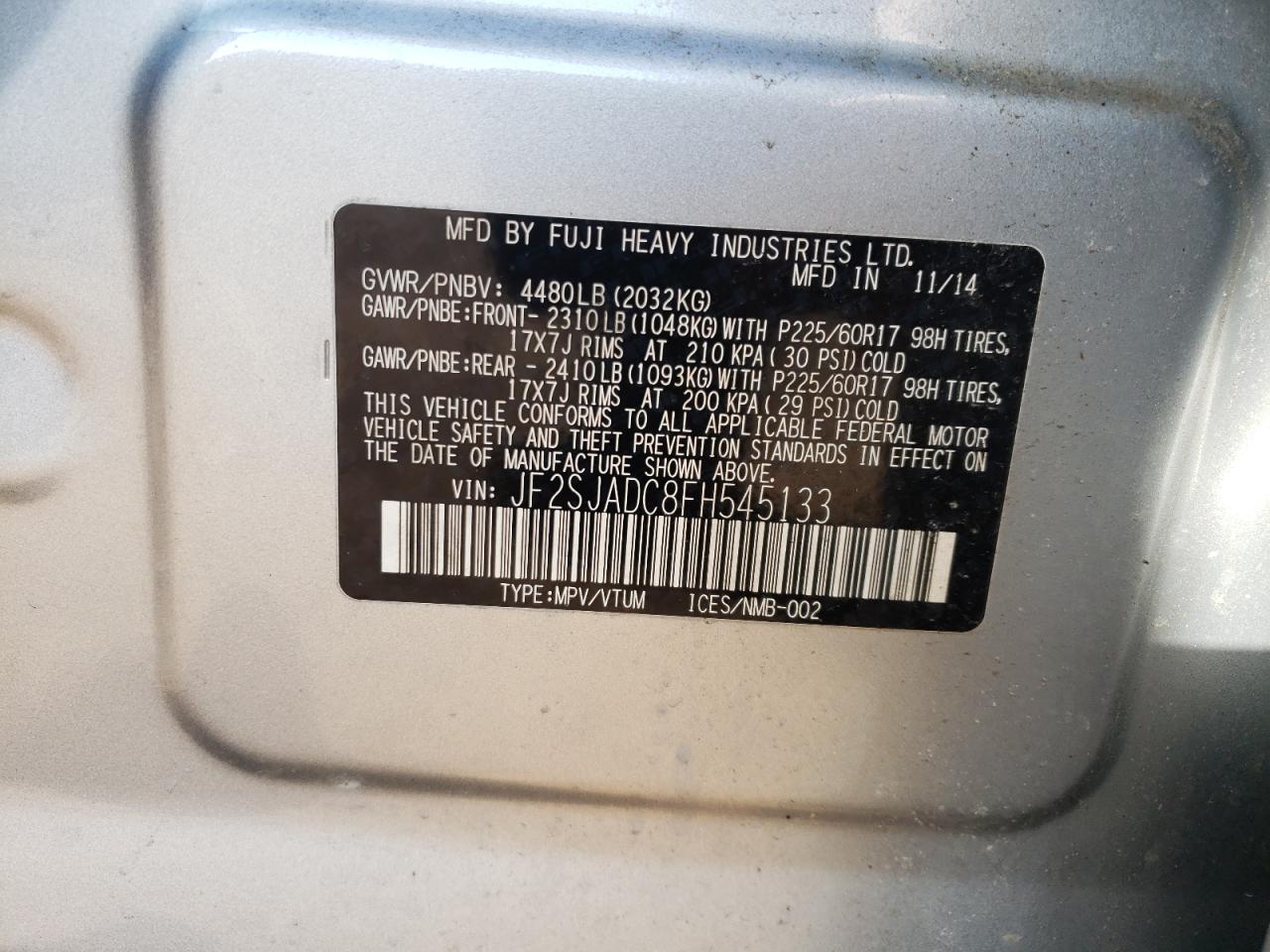 Photo 10 from auction – 2015 SUBARU FORESTER 2 with VIN JF2SJADC8FH545133