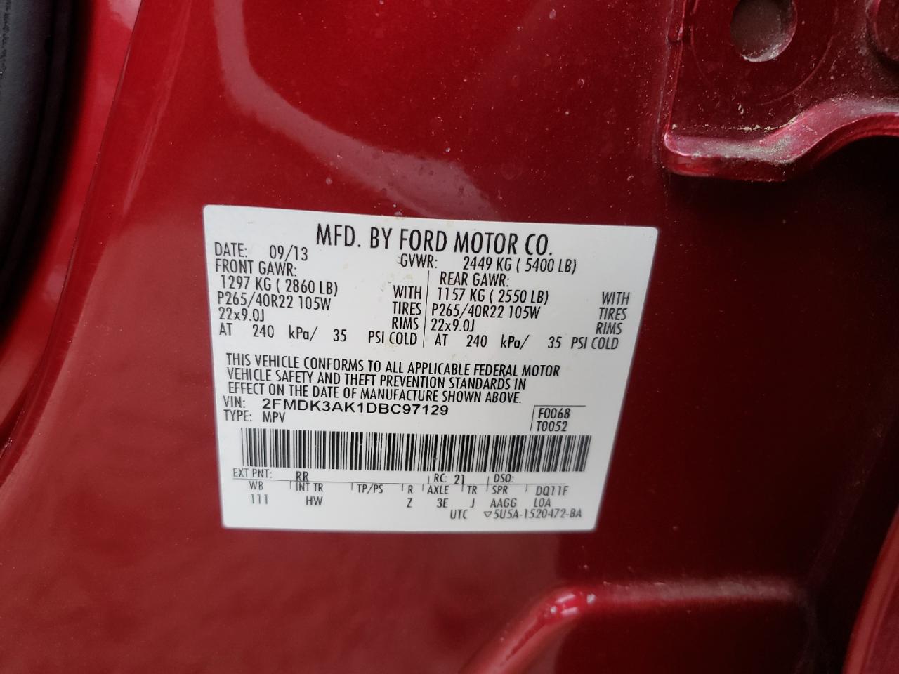 Photo 10 from auction – 2013 FORD EDGE SPORT with VIN 2FMDK3AK1DBC97129