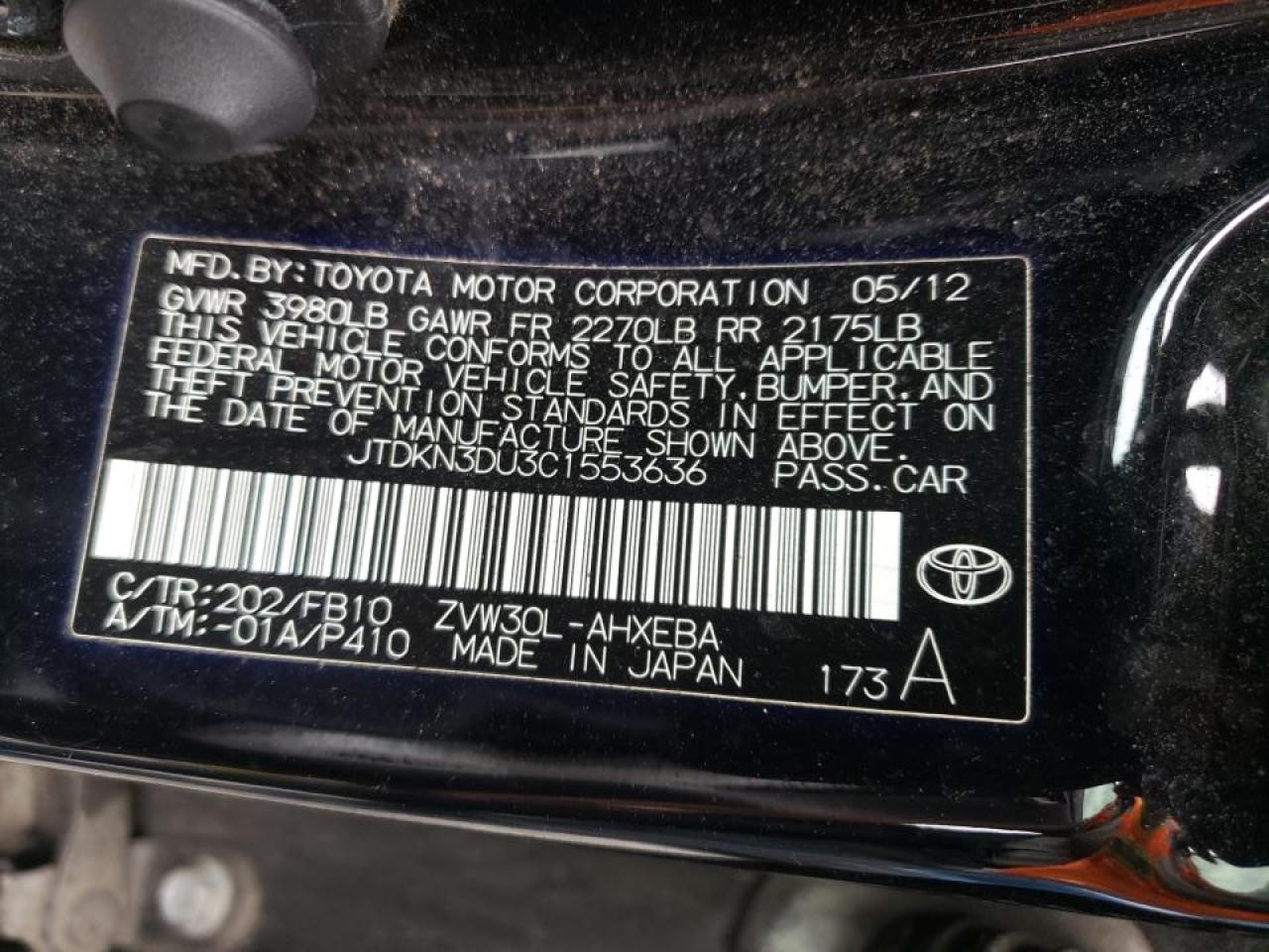 Foto 10 de la subasta – 2012 TOYOTA PRIUS con VIN JTDKN3DU3C1553636