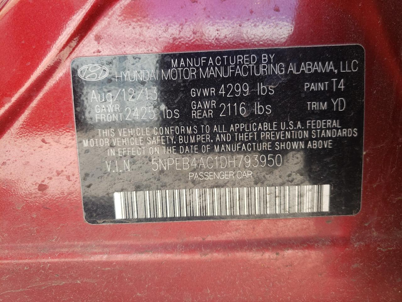 Photo 10 from auction – 2013 HYUNDAI SONATA GLS with VIN 5NPEB4AC1DH793950