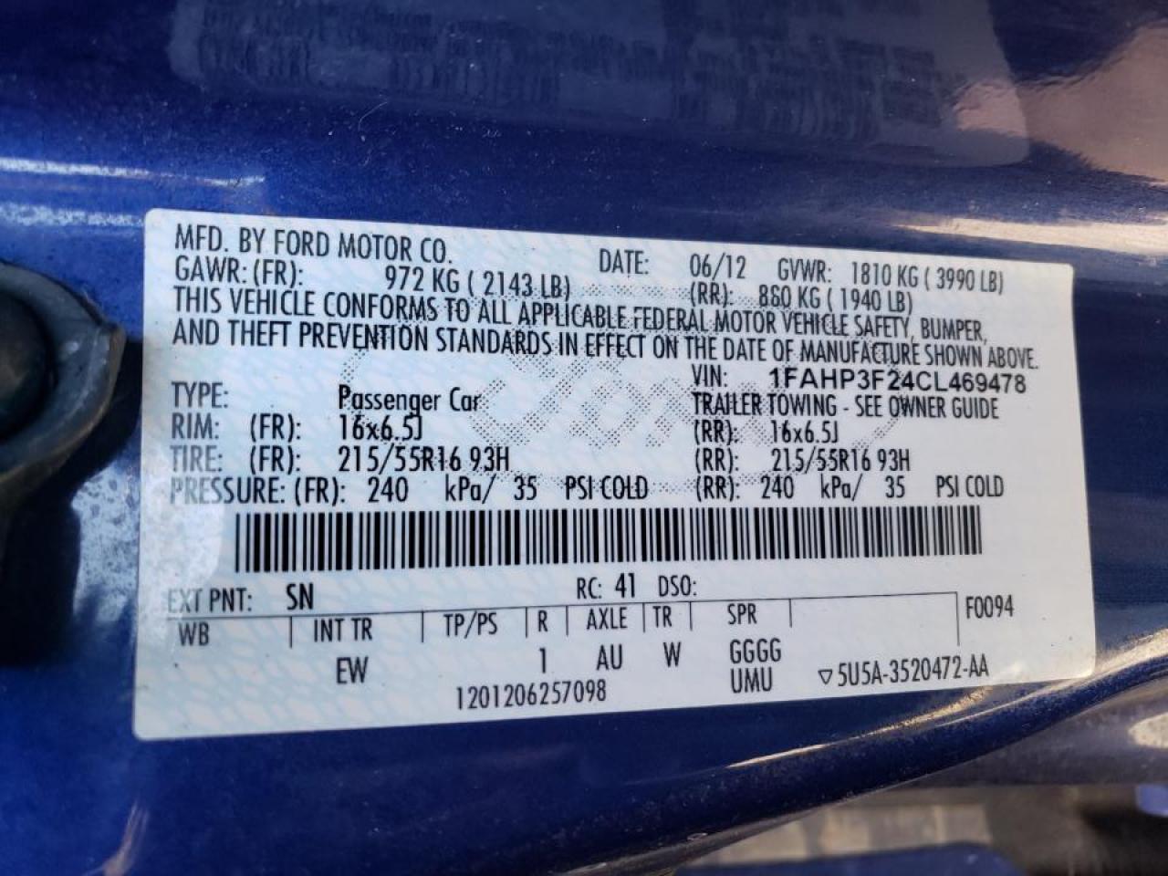 Photo 10 from auction – 2012 FORD FOCUS SE with VIN 1FAHP3F24CL469478