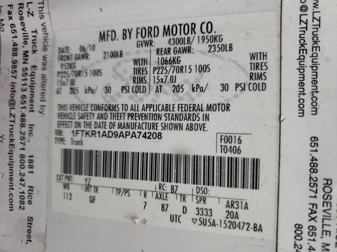 Photo 10 from auction – 2010 FORD RANGER with VIN 1FTKR1AD9APA74208