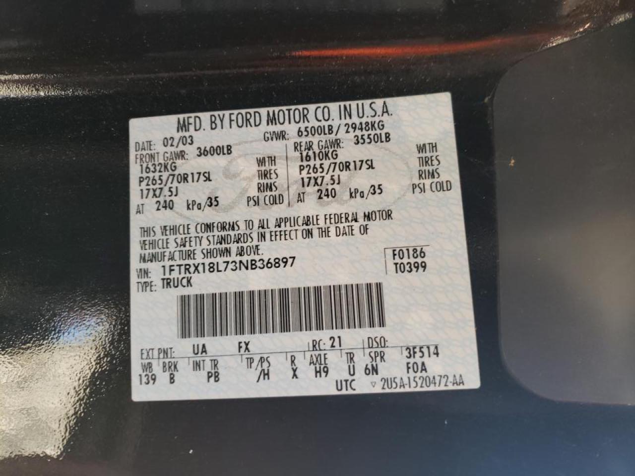 Photo 10 from auction – 2003 FORD F150 with VIN 1FTRX18L73NB36897