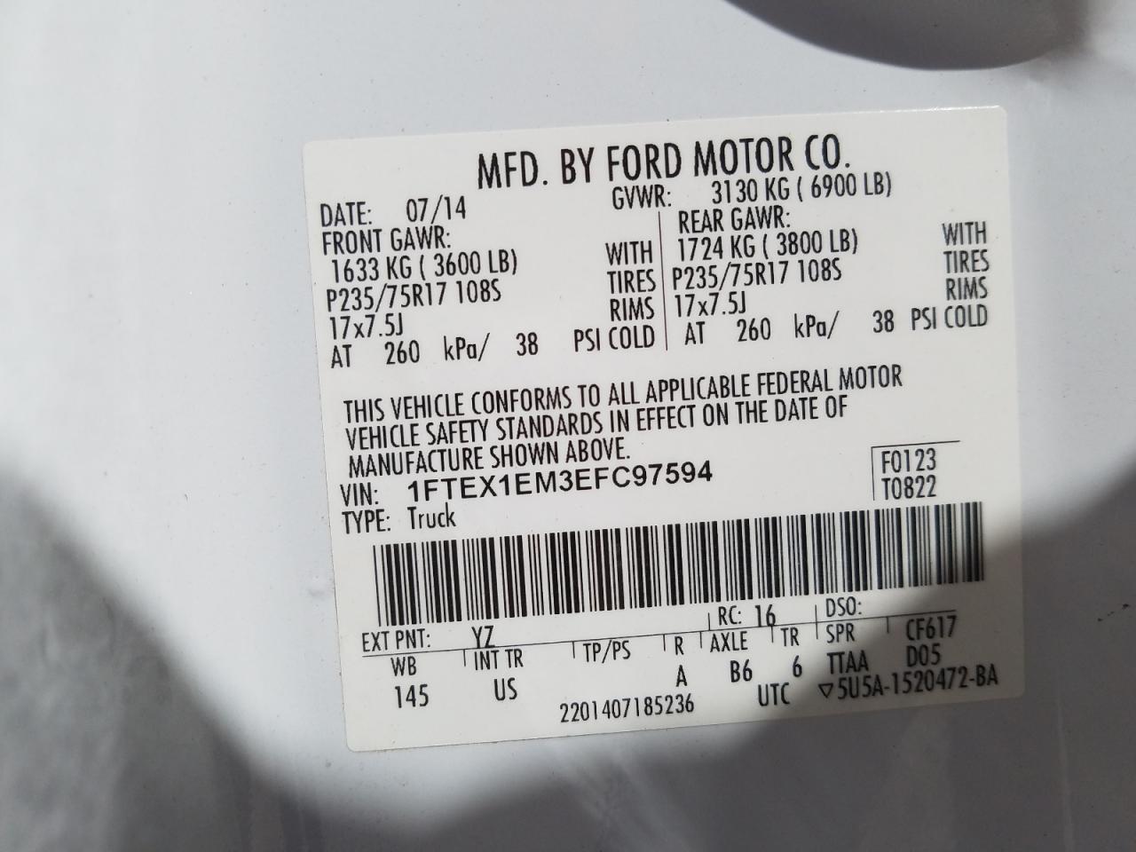 Photo 10 from auction – 2014 FORD F150 SUPER with VIN 1FTEX1EM3EFC97594