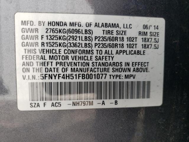 Photo 10 from auction – 2015 HONDA PILOT EXL with VIN 5FNYF4H51FB001077