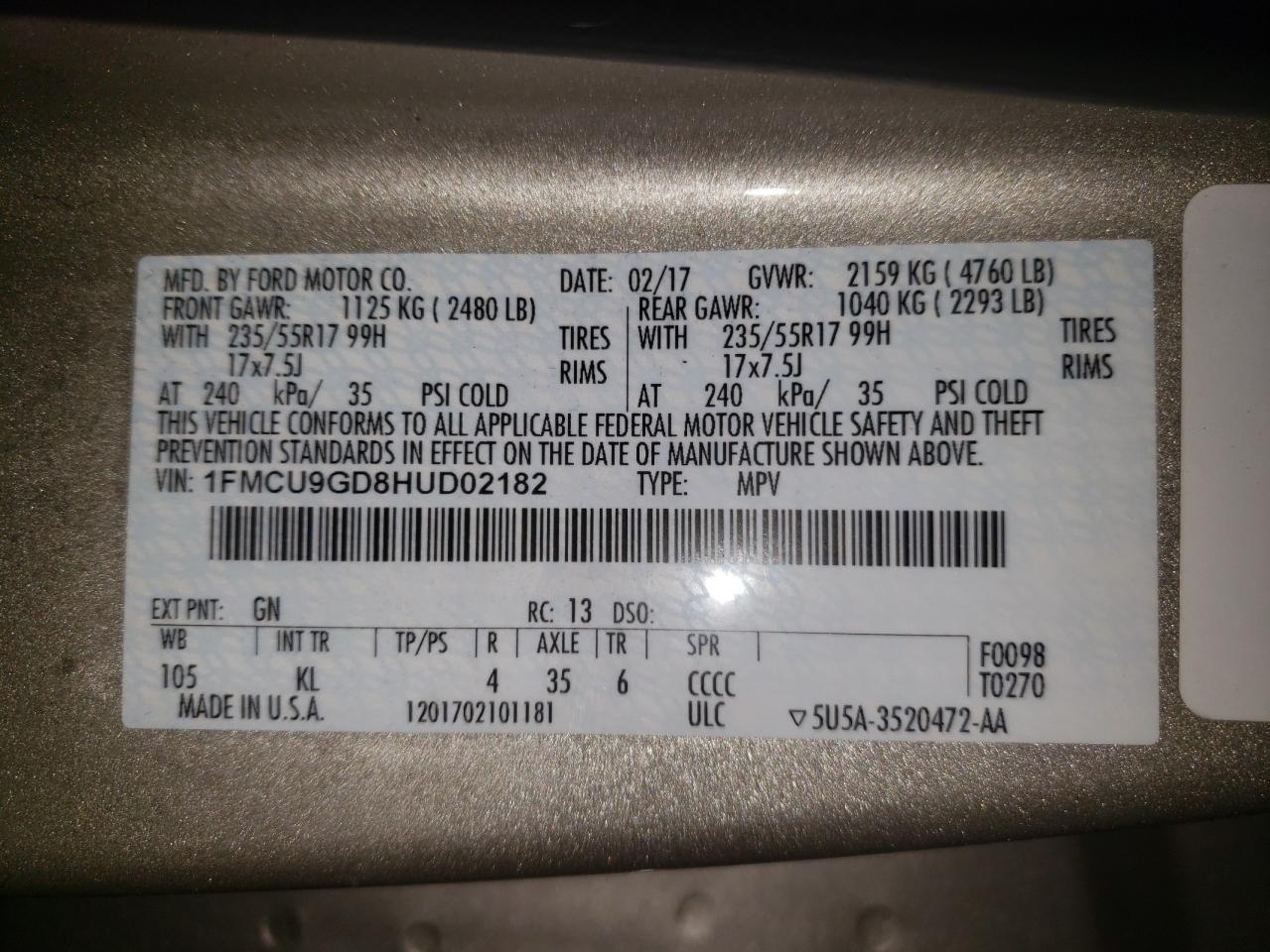 Photo 10 from auction – 2017 FORD ESCAPE SE with VIN 1FMCU9GD8HUD02182