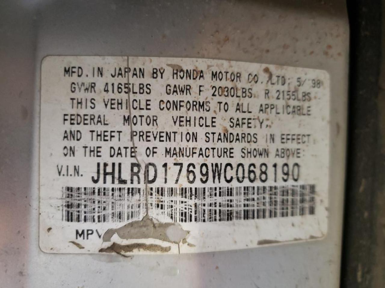 Photo 10 from auction – 1998 HONDA CR-V EX with VIN JHLRD1769WC068190