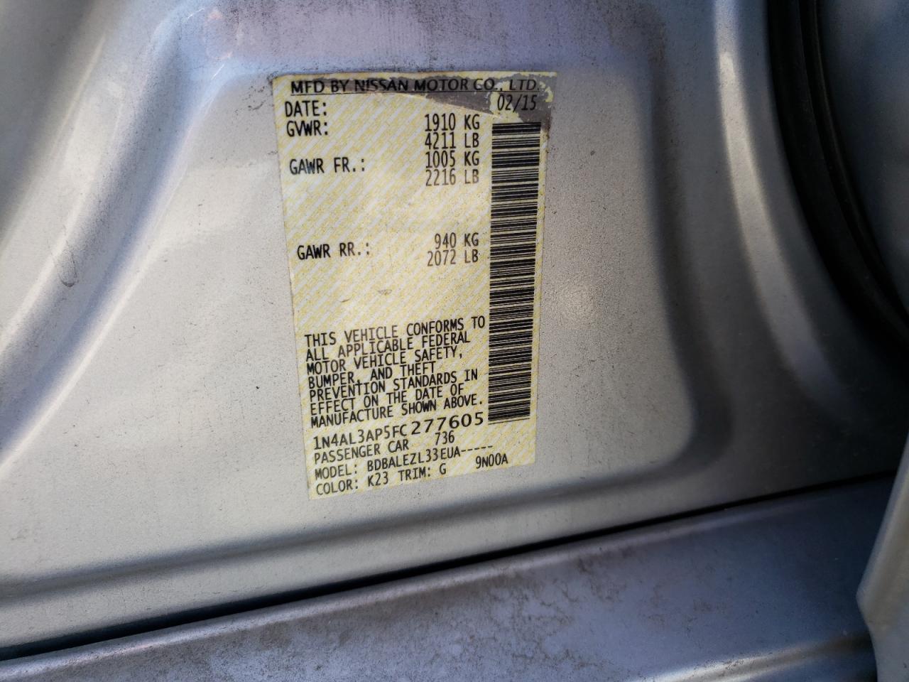 Photo 10 from auction – 2015 NISSAN ALTIMA 2.5 with VIN 1N4AL3AP5FC277605