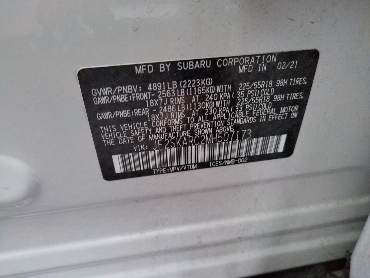 Photo 10 from auction – 2021 SUBARU FORESTER S with VIN JF2SKARC2MH507173