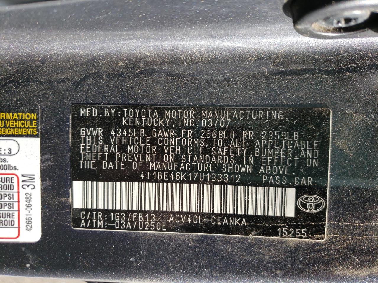 Photo 10 from auction – 2007 TOYOTA CAMRY CE with VIN 4T1BE46K17U133312
