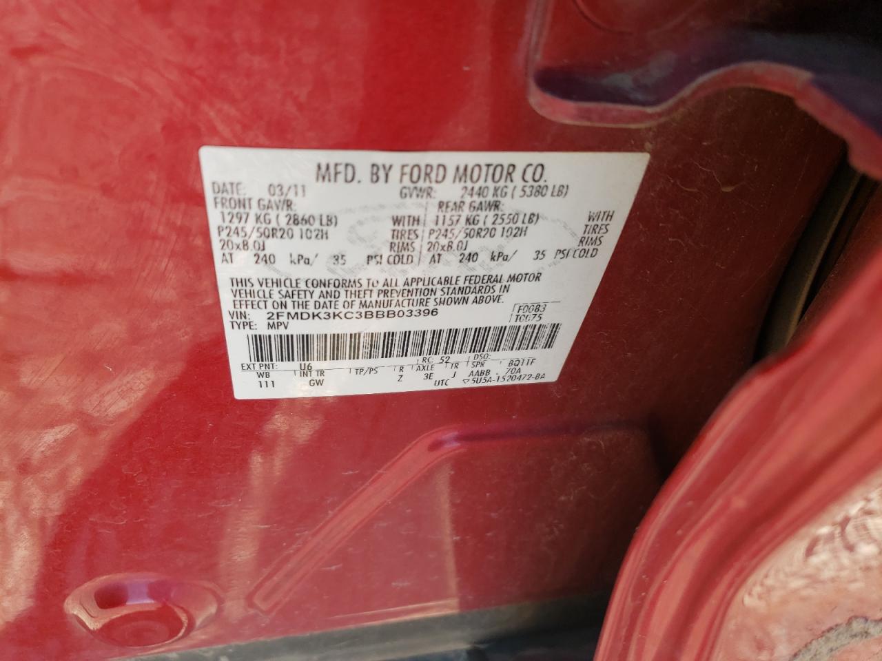 Photo 10 from auction – 2011 FORD EDGE LIMIT with VIN 2FMDK3KC3BBB03396