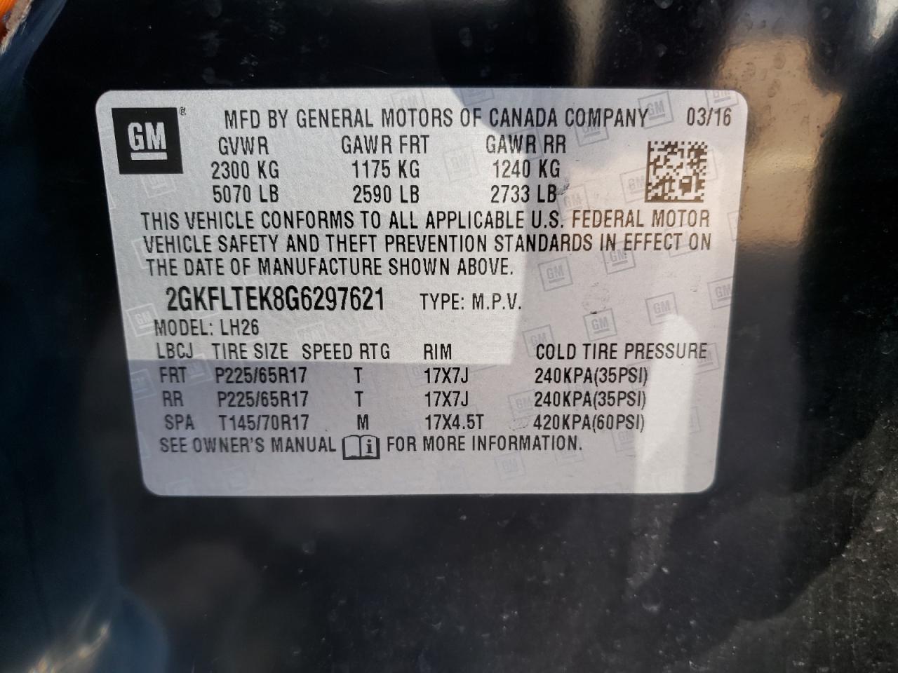 Photo 10 from auction – 2016 GMC TERRAIN SL with VIN 2GKFLTEK8G6297621