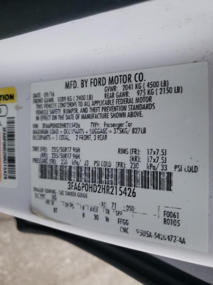 Photo 10 from auction – 2017 FORD FUSION SE with VIN 3FA6P0HD2HR215426