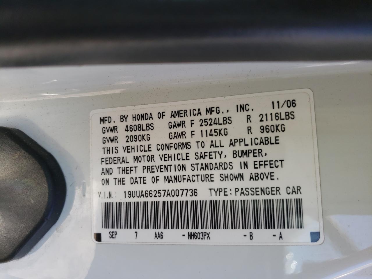 Photo 10 from auction – 2007 ACURA TL with VIN 19UUA66257A007736