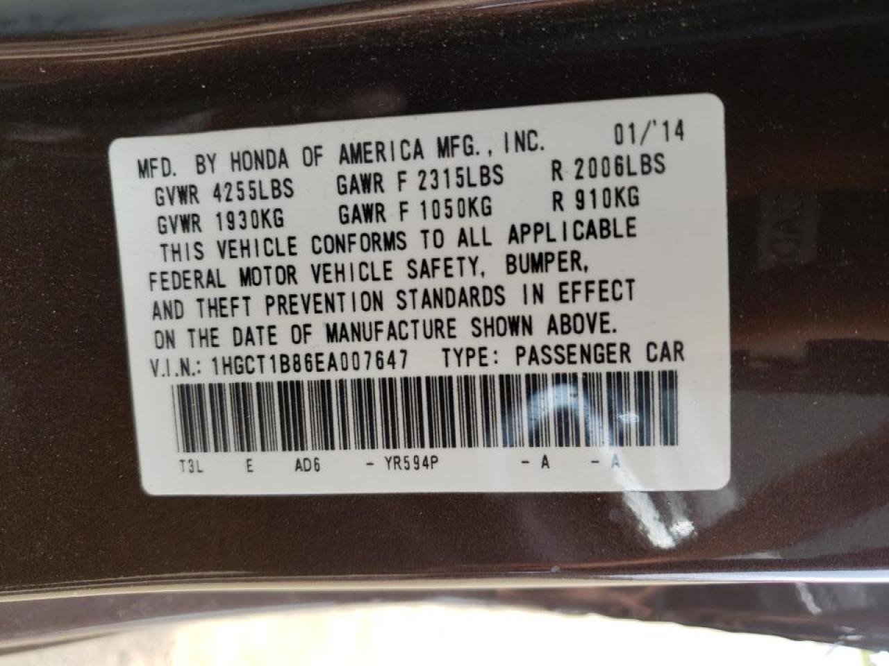 Photo 10 from auction – 2014 HONDA ACCORD EXL with VIN 1HGCT1B86EA007647