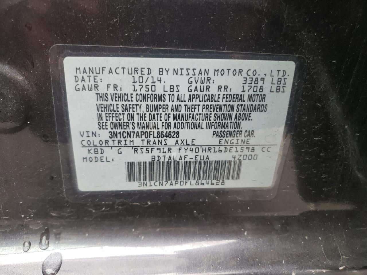 Photo 10 from auction – 2015 NISSAN VERSA S with VIN 3N1CN7AP0FL864628