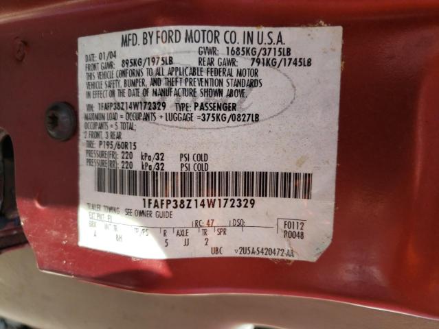 Photo 10 from auction – 2004 FORD FOCUS ZTS with VIN 1FAFP38Z14W172329