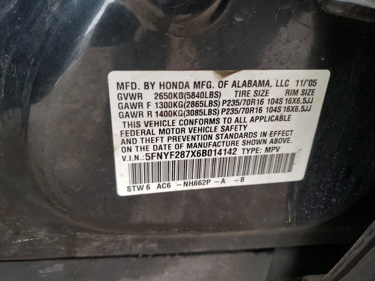 Photo 10 from auction – 2006 HONDA PILOT EX with VIN 5FNYF287X6B014142