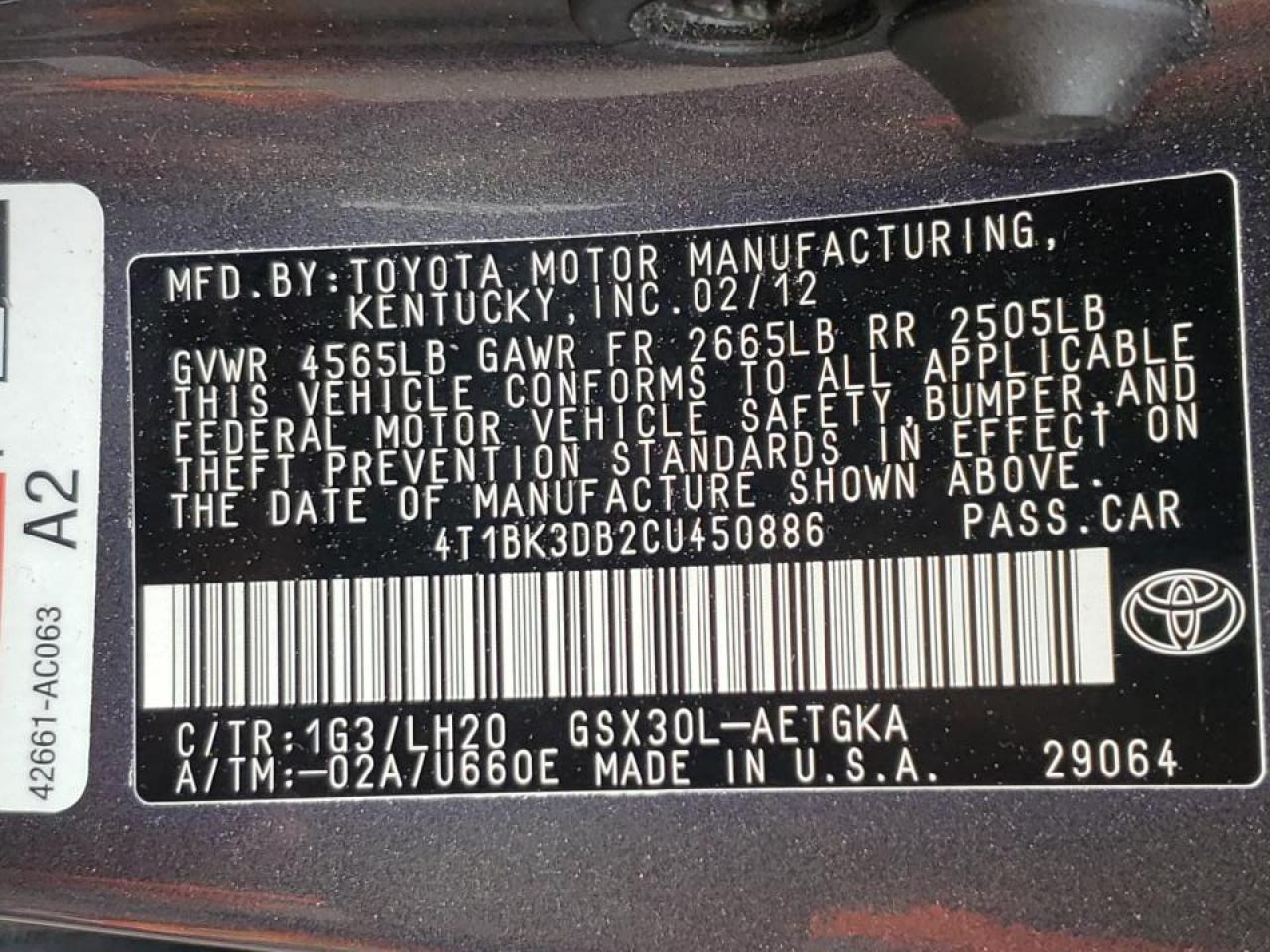 Photo 10 from auction – 2012 TOYOTA AVALON BAS with VIN 4T1BK3DB2CU450886
