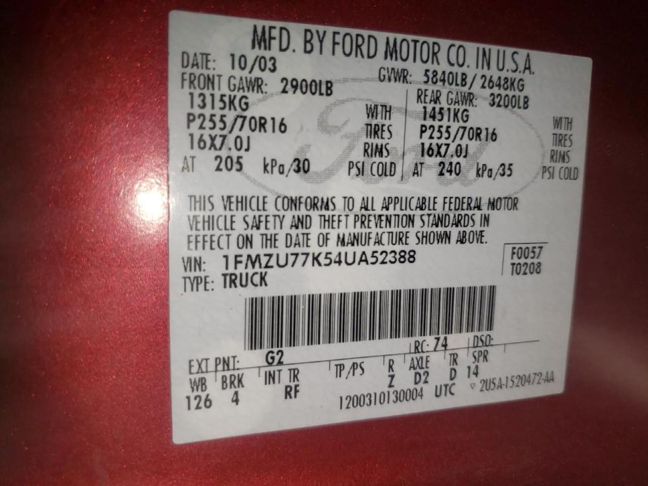 Photo 10 from auction – 2004 FORD EXPLORER S with VIN 1FMZU77K54UA52388