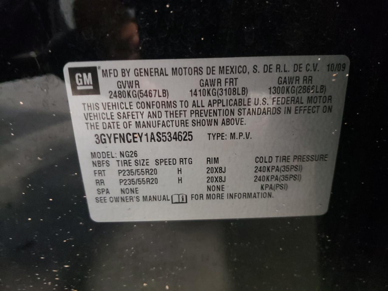 Photo 10 from auction – 2010 CADILLAC SRX PREMIU with VIN 3GYFNCEY1AS534625