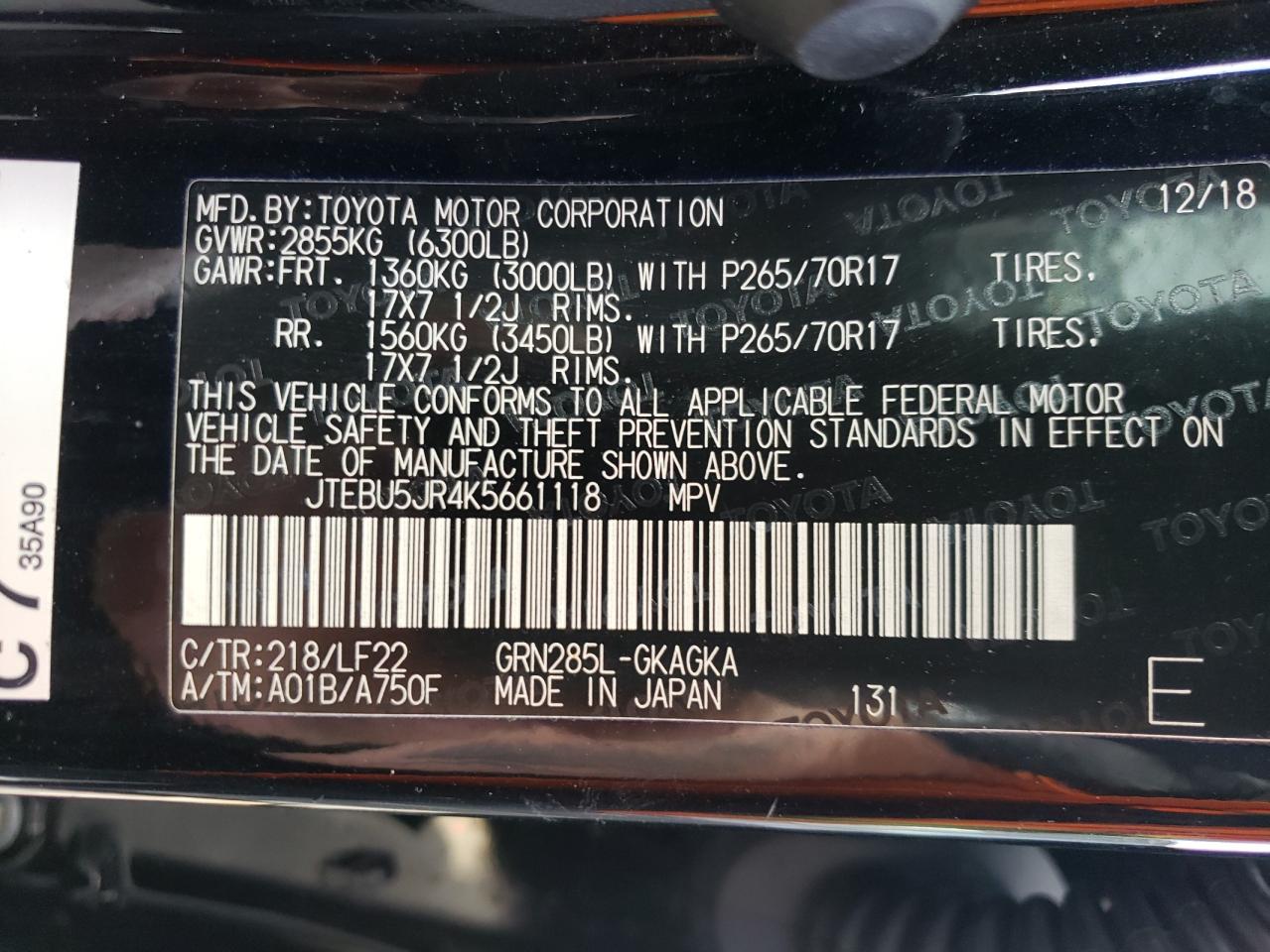 Photo 10 from auction – 2019 TOYOTA 4RUNNER SR with VIN JTEBU5JR4K5661118