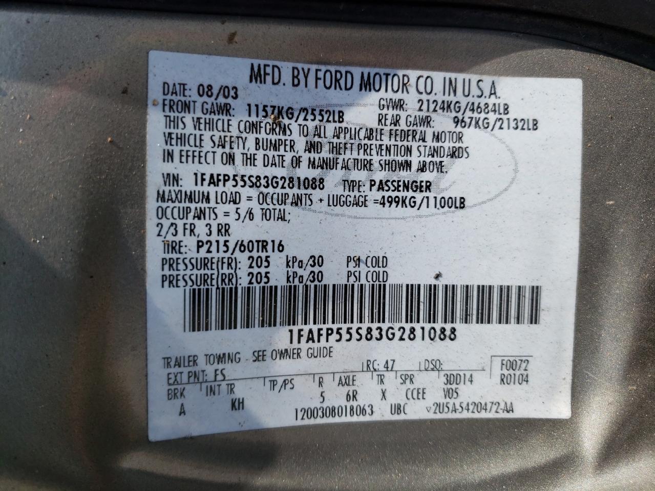 Photo 10 from auction – 2003 FORD TAURUS SES with VIN 1FAFP55S83G281088