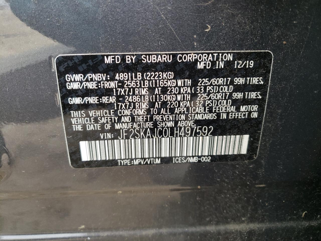 Photo 10 from auction – 2020 SUBARU FORESTER P with VIN JF2SKAJC0LH497592