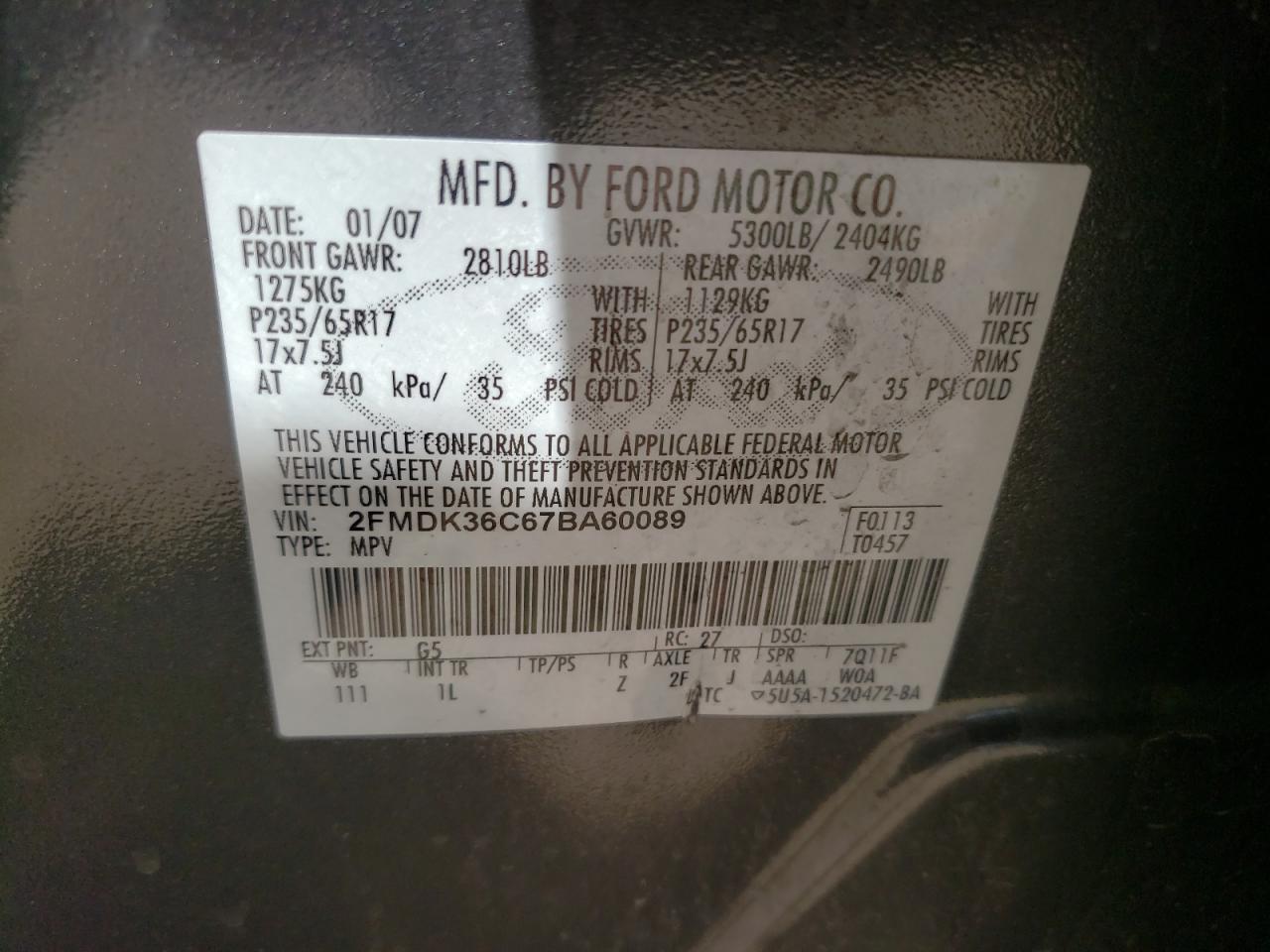 Photo 10 from auction – 2007 FORD EDGE SE with VIN 2FMDK36C67BA60089
