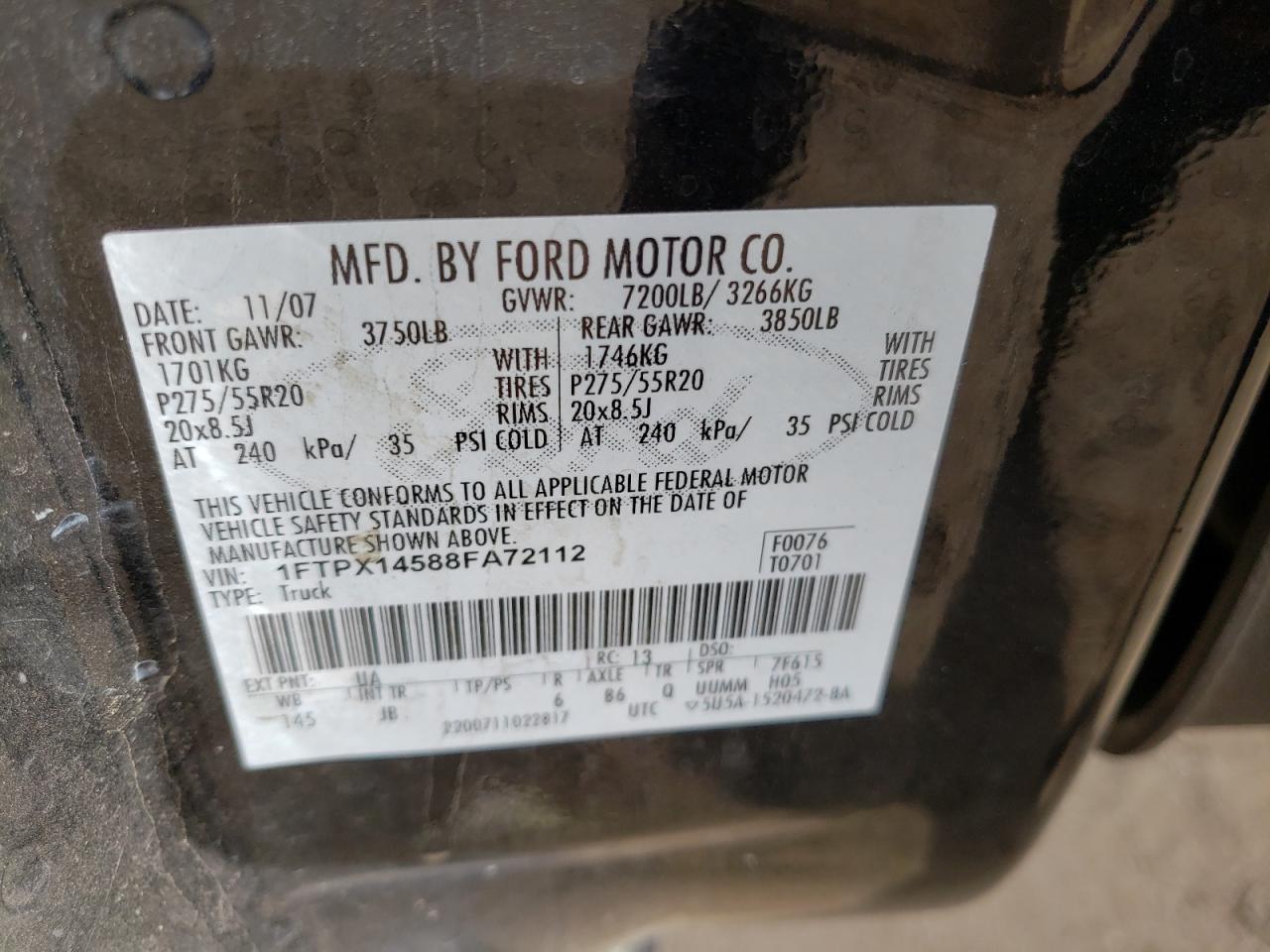 Photo 10 from auction – 2008 FORD F150 with VIN 1FTPX14588FA72112