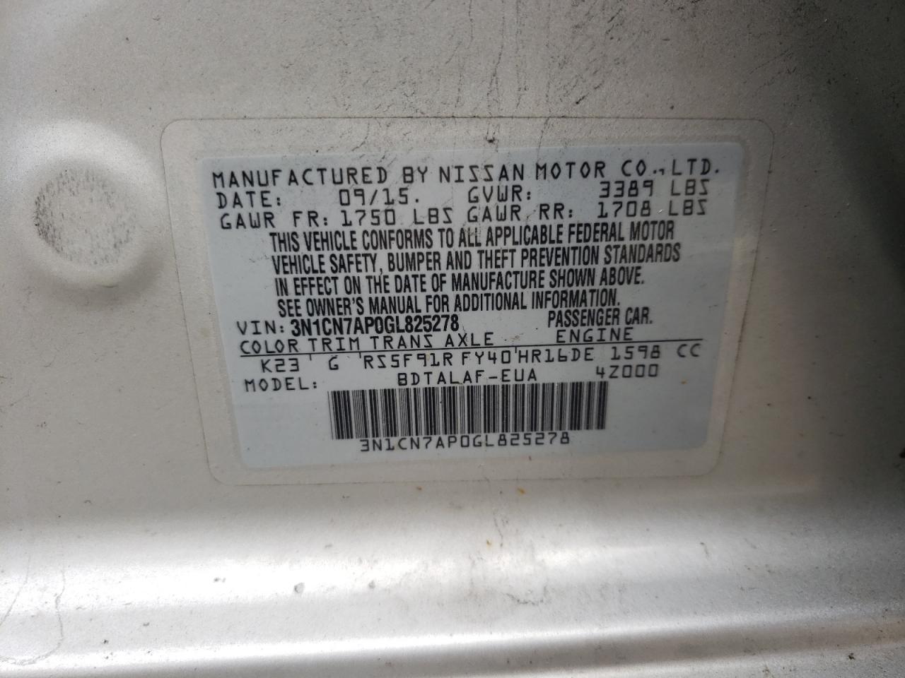 Photo 10 from auction – 2016 NISSAN VERSA S with VIN 3N1CN7AP0GL825278