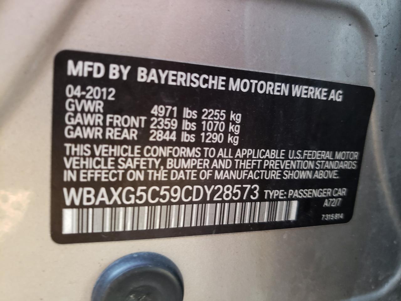 Photo 10 from auction – 2012 BMW 528 I with VIN WBAXG5C59CDY28573