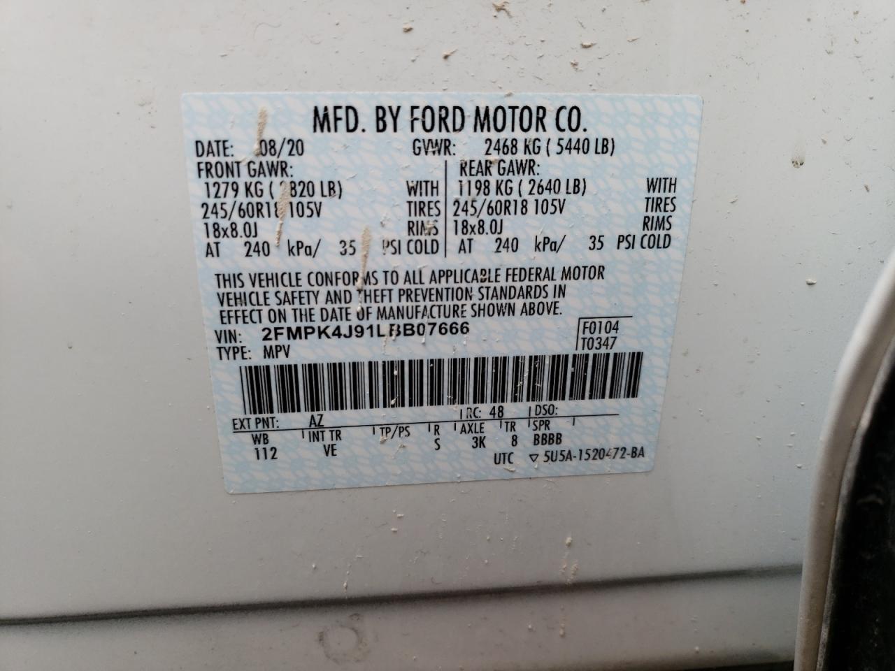 Photo 10 from auction – 2020 FORD EDGE SEL with VIN 2FMPK4J91LBB07666