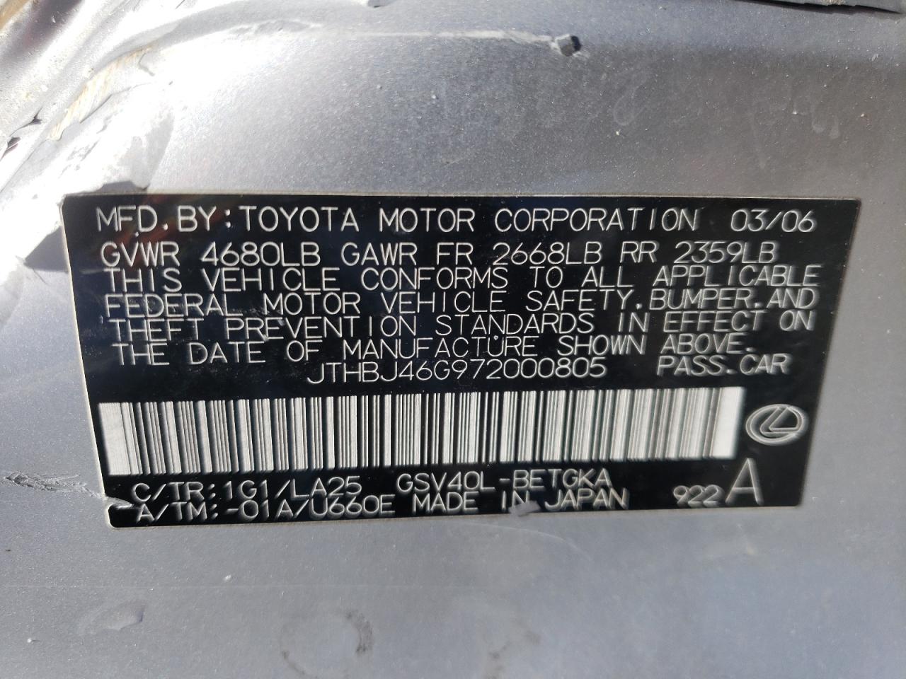 Zdjęcie 10 z aukcji – 2007 LEXUS ES 350 z VIN JTHBJ46G972000805